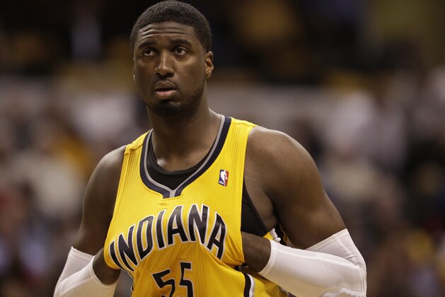 Indiana Pacers center Roy Hibbert (55) in action as the Indiana Pacers played the Miami Heat in an NBA basketball game in Indianapolis, Wednesday, March 26, 2014. The Pacers won 84-83. (AP Photo/AJ Mast)