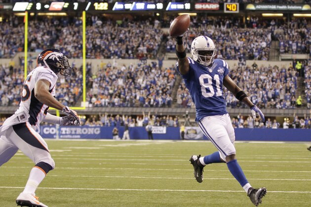 Indianapolis Colts wide receiver Darrius Heyward-Bey (81) celebrates as he makes a touchdown during the first half of an NFL football game against the Denver Broncos, Sunday, Oct. 20, 2013, in Indianapolis. (AP Photo/AJ Mast)