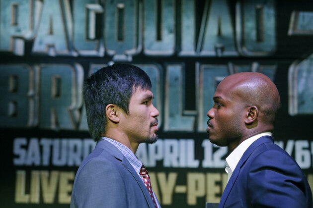 Boxer Manny Pacquiao, of the Phillipines, left, stares down upcoming opponent Timothy Bradley of Indio, Ca., current WBO World Welterweight champion, during a press conference,Thursday, Feb. 6, 2014, in New York. The pair will face off in a rematch, a WBO World Welterweight title fight April 12, 2014, in Las Vegas. Bradely won their first encounter. (AP Photo/Kathy Willens) Boxer Manny Pacquiao, of the Phillipines, left, stares down upcoming opponent Timothy Bradley of Indio, Ca., current WBO World Welterweight champion, during a press conference,Thursday, Feb. 6, 2014, in New York. The pair will face off in a rematch, a WBO World Welterweight title fight April 12, 2014, in Las Vegas. Bradely won their first encounter. (AP Photo/Kathy Willens)