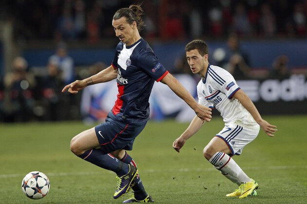 PSG's Zlatan Ibrahimovic, left, is challenged by Chelsea's Eden Hazard during the Champions League quarterfinal first leg soccer match between PSG and Chelsea, at the Parc des Princes stadium, in Paris, Wednesday, April 2, 2014. (AP Photo/Christophe Ena) PSG's Zlatan Ibrahimovic, left, is challenged by Chelsea's Eden Hazard during the Champions League quarterfinal first leg soccer match between PSG and Chelsea, at the Parc des Princes stadium, in Paris, Wednesday, April 2, 2014. (AP Photo/Christophe Ena)