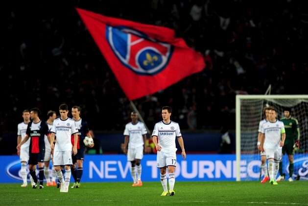 PARIS, FRANCE - APRIL 02:  Dejected Chelsea players look on after conceding a second goal during the UEFA Champions League quarter final, first leg match between Paris Saint Germain and Chelsea at Parc des Princes on April 2, 2014 in Paris, France.  (Photo by Shaun Botterill/Getty Images)