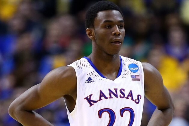 ST LOUIS, MO - MARCH 21:  Andrew Wiggins #22 of the Kansas Jayhawks looks on after a play against the Eastern Kentucky Colonels during the second round of the 2014 NCAA Men's Basketball Tournament at Scottrade Center on March 21, 2014 in St Louis, Missouri.  (Photo by Andy Lyons/Getty Images)