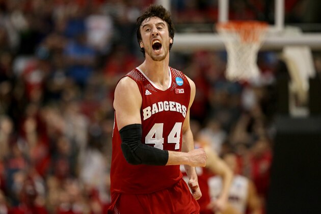 ANAHEIM, CA - MARCH 29:  Frank Kaminsky #44 of the Wisconsin Badgers celebrates after making a three-pointer in the second half while taking on the Arizona Wildcats during the West Regional Final of the 2014 NCAA Men's Basketball Tournament at the Honda Center on March 29, 2014 in Anaheim, California.  (Photo by Jeff Gross/Getty Images)