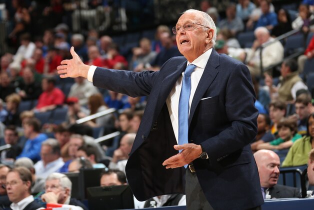 MEMPHIS, TN - MARCH 13: Larry Brown, head coach of the SMU Mustangs, coaches from the sideline against the Houston Cougars during the quarterfinal round of the American Athletic Conference Tournament at FedExForum on March 13, 2014 in Memphis, Tennessee. (Photo by Joe Murphy/Getty Images)