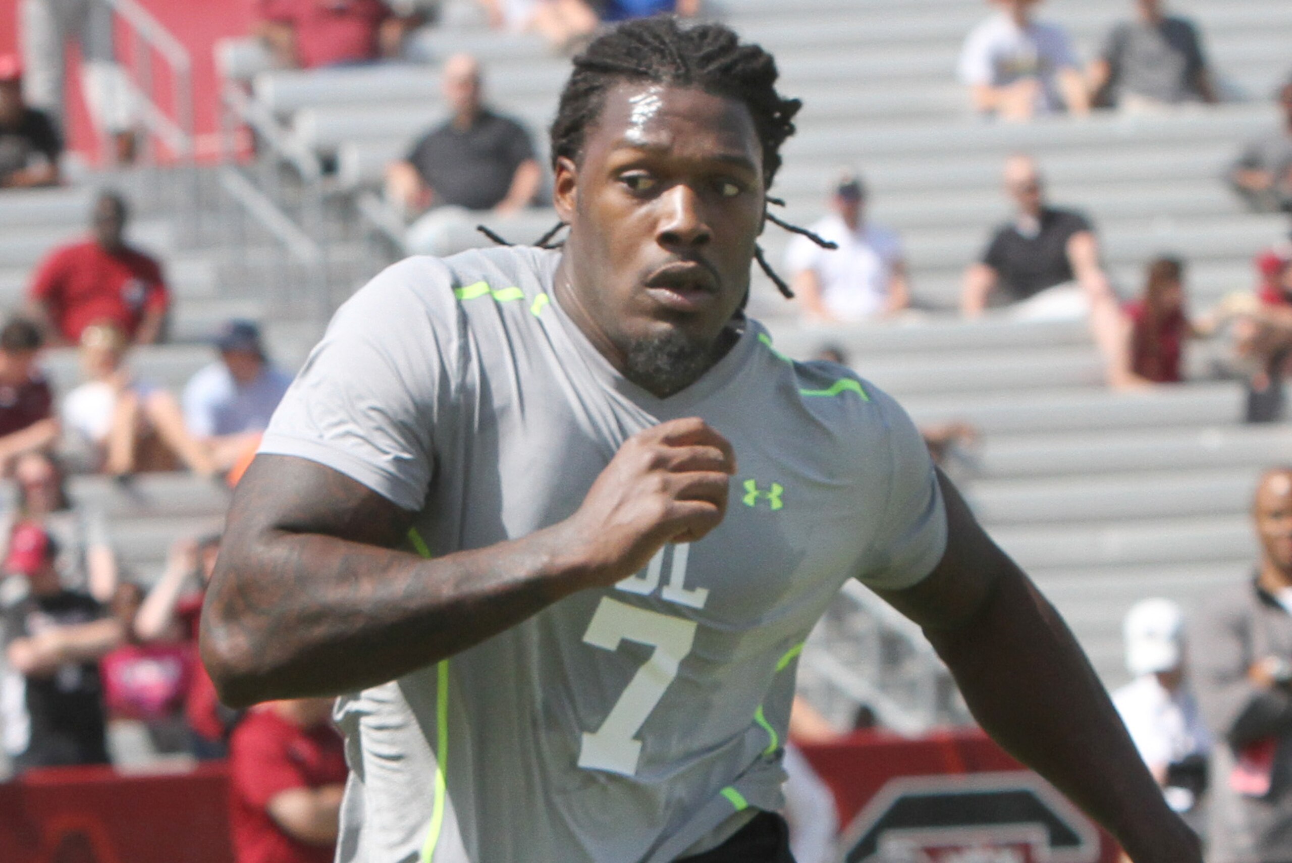 South Carolina defensive end Jadeveon Clowney competes in a drill for NFL representatives at South Carolina football pro day in Columbia, S.C., Wednesday, April 2, 2014. (AP Photo/Mary Ann Chastain)