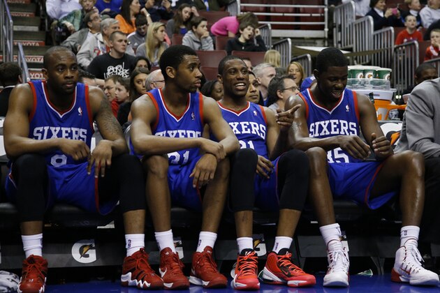 Philadelphia 76ers' Thaddeus Young sits on the bench during an NBA basketball game against the Detroit Pistons, Saturday, March 29, 2014, in Philadelphia. (AP Photo/Matt Slocum)