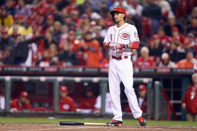 CINCINNATI, OH - APRIL 02: Billy Hamilton #6 of the Cincinnati Reds strikes out to end the third inning during the game against the St. Louis Cardinals at Great American Ball Park on April 2, 2014 in Cincinnati, Ohio.  (Photo by Andy Lyons/Getty Images)
