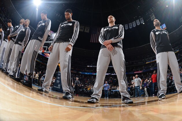 DENVER, CO - MARCH 28: Tim Duncan #21, Manu Ginobili #20 and Tony Parker #9 of the San Antonio Spurs stand on the court before the game against the Denver Nuggets on March 28, 2014 at the Pepsi Center in Denver, Colorado. NOTE TO USER: User expressly acknowledges and agrees that, by downloading and/or using this Photograph, user is consenting to the terms and conditions of the Getty Images License Agreement. Mandatory Copyright Notice: Copyright 2014 NBAE (Photo by Garrett W. Ellwood/NBAE via Getty Images) DENVER, CO - MARCH 28: Tim Duncan #21, Manu Ginobili #20 and Tony Parker #9 of the San Antonio Spurs stand on the court before the game against the Denver Nuggets on March 28, 2014 at the Pepsi Center in Denver, Colorado. NOTE TO USER: User expressly acknowledges and agrees that, by downloading and/or using this Photograph, user is consenting to the terms and conditions of the Getty Images License Agreement. Mandatory Copyright Notice: Copyright 2014 NBAE (Photo by Garrett W. Ellwood/NBAE via Getty Images)