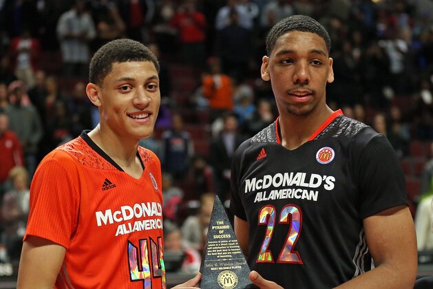 CHICAGO, IL - APRIL 2: Justin Jackson #44 of the East team and Jahlil Okafor #22 of the West team share the MVP torphy after the 2014 McDonald's All American Game at United Center on April 2, 2014 in Chicago, Illinois. The West defeated the East 105-102. (Photo by Jonathan Daniel/Getty Images)