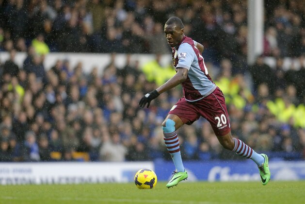 LIVERPOOL, ENGLAND - FEBRUARY 01:Christian Benteke of Aston Villa  duringthe Barclays Premier League match between Everton and Aston Villa at  Goodison Park on February 1, 2014 in Liverpool England. (Photo by Malcolm Couzens/Getty Images)