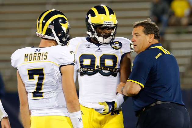 EAST HARTFORD, CT - SEPTEMBER 21: Brady Hoke, coach of the Michigan Wolverines, talks with Devin Gardner #98 and Shane Morris #7 before a game with the Connecticut Huskies at Rentschler Field on September 21, 2013 in East Hartford, Connecticut. (Photo by Jim Rogash/Getty Images) EAST HARTFORD, CT - SEPTEMBER 21: Brady Hoke, coach of the Michigan Wolverines, talks with Devin Gardner #98 and Shane Morris #7 before a game with the Connecticut Huskies at Rentschler Field on September 21, 2013 in East Hartford, Connecticut. (Photo by Jim Rogash/Getty Images)