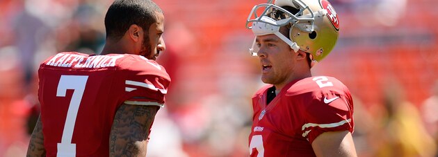 SAN FRANCISCO, CA - SEPTEMBER 08:  Quarterbacks Colin Kaepernick #7 and Colt McCoy #2 of the San Francisco 49ers shake hands during pre-game warm ups prior to the start of their NFL football game against the Green Bay Pakers at Candlestick Park on September 8, 2013 in San Francisco, California.  (Photo by Thearon W. Henderson/Getty Images)