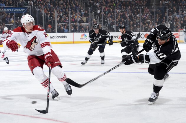 LOS ANGELES, CA - APRIL 2: Marian Gaborik #12 of the Los Angeles Kings shoots the puck against Lauri Korpikoski #28 of the Phoenix Coyotes at Staples Center on April 2, 2014 in Los Angeles, California. (Photo by Noah Graham/NHLI via Getty Images) LOS ANGELES, CA - APRIL 2: Marian Gaborik #12 of the Los Angeles Kings shoots the puck against Lauri Korpikoski #28 of the Phoenix Coyotes at Staples Center on April 2, 2014 in Los Angeles, California. (Photo by Noah Graham/NHLI via Getty Images)
