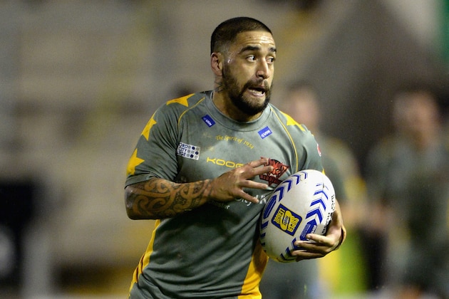 WARRINGTON, ENGLAND - FEBRUARY 05:  Rangi Chase of Salford Red Devils in action during the pre season match between Warrington Wolves and Salford Red Devils at Halliwell Jones Stadium on February 5, 2014 in Warrington, England.  (Photo by Gareth Copley/Getty Images)
