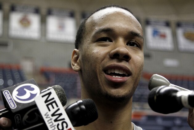 Connecticut's Shabazz Napier responds to a questions following a basketball team workout at the University of Connecticut, Tuesday, April 1, 2014, in Storrs, Conn. UConn men will be playing in the programs Fifth Final Four on Saturday in Dallas. (AP Photo/Steven Senne)