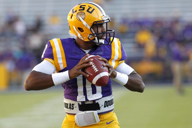 LSU quarterback Anthony Jennings (10) warms up before the NCAA college football game against Furman in Baton Rouge, La., Saturday, Oct, 26, 2013. LSU won 48-16. (AP Photo/Jonathan Bachman) LSU quarterback Anthony Jennings (10) warms up before the NCAA college football game against Furman in Baton Rouge, La., Saturday, Oct, 26, 2013. LSU won 48-16. (AP Photo/Jonathan Bachman)