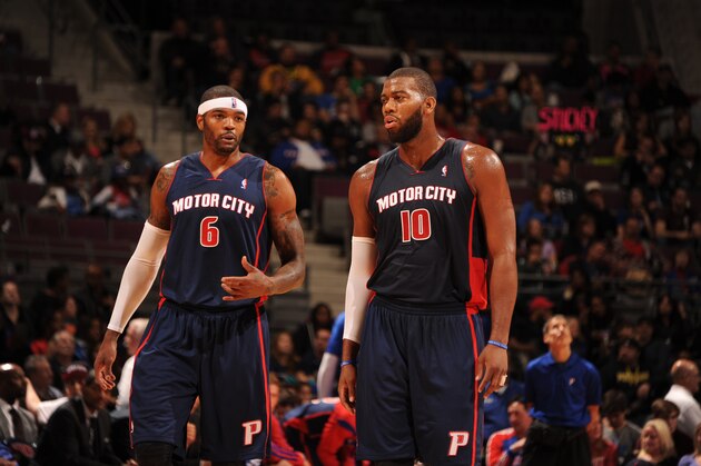 AUBURN HILLS, MI - NOVEMBER 3: Josh Smith #6 talks to Greg Monroe #10 of the Detroit Pistons against the Boston Celtics  during the game on November 3, 2013 at The Palace of Auburn Hills in Auburn Hills, Michigan. NOTE TO USER: User expressly acknowledges and agrees that, by downloading and/or using this photograph, User is consenting to the terms and conditions of the Getty Images License Agreement.  Mandatory Copyright Notice: Copyright 2013 NBAE (Photo by Dan Lippitt/NBAE via Getty Images)