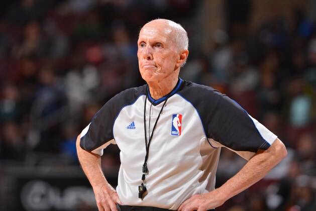 PHILADELPHIA, PA - FEBRUARY 18:  NBA referee Dick Bavetta looks on during the game between the Cleveland Cavaliers and the Philadelphia 76ers at the Wells Fargo Center on February 18, 2014 in Philadelphia, Pennsylvania. NOTE TO USER: User expressly acknowledges and agrees that, by downloading and or using this photograph, User is consenting to the terms and conditions of the Getty Images License Agreement. Mandatory Copyright Notice: Copyright 2014 NBAE (Photo by Jesse D. Garrabrant/NBAE via Getty Images)