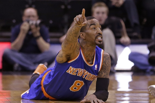 New York Knicks' J.R. Smith (8) points up court after the ball goes out of bounds in the first quarter during an NBA basketball game against the Utah Jazz Monday, March 31, 2014, in Salt Lake City. (AP Photo/Rick Bowmer) New York Knicks' J.R. Smith (8) points up court after the ball goes out of bounds in the first quarter during an NBA basketball game against the Utah Jazz Monday, March 31, 2014, in Salt Lake City. (AP Photo/Rick Bowmer)