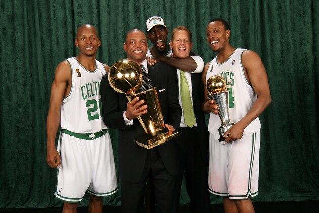 BOSTON - JUNE 17: (L-R) Ray Allen #20, Head Coach Doc Rivers, Kevin Garnett #5, General Manager Danny Ainge and Paul Pierce #34 of the Boston Celtics pose for a portrait with the Larry O'Brien trophy after defeating the Los Angeles Lakers in Game Six of the 2008 NBA Finals on June 17, 2008 at TD Banknorth Garden in Boston, Massachusetts. The Boston Celtics won 131-92. NOTE TO USER:User expressly acknowledges and agrees that, by downloading and/or using this Photograph, user is consenting to the terms and conditions of the Getty Images License Agreement. Mandatory Copyright Notice: Copyright 2008 NBAE (Photo by Nathaniel S. Butler/NBAE via Getty Images)