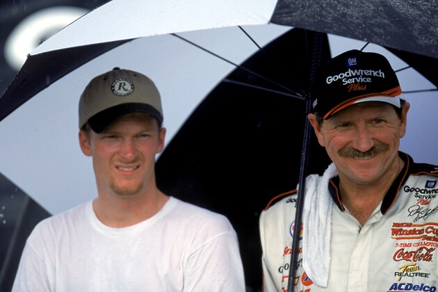 DARLINGTON, SC - SEPTEMBER 3:  Dale Earnhardt Jr. and Dale Earnhardt Sr. pose for a photograph after the Pepsi Southern 500 at the Darlington Raceway on September 3, 2000 in Darlington, South Carolina.  (Photo by Craig Jones/Getty Images)