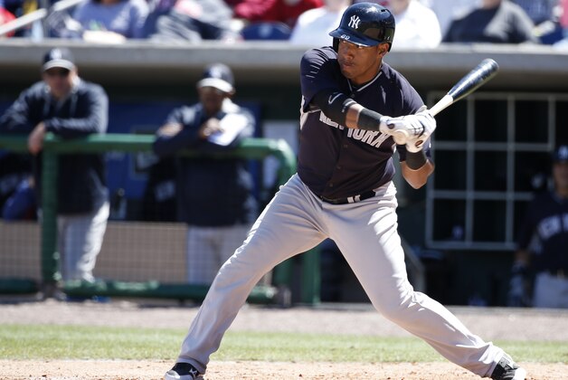 New York Yankees Yangervis Solarte bats in a spring exhibition baseball game against the Philadelphia Phillies in Clearwater, Fla., Thursday, March 13, 2014.  (AP Photo/Kathy Willens)