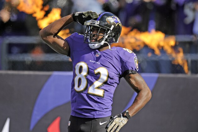 Baltimore Ravens wide receiver Torrey Smith salutes as he's introduced before a NFL football game against the Cincinnati Bengals in Baltimore, Sunday, Nov. 10, 2013. The NFL is honoring veterans during their Salute to Service month. (AP Photo/Nick Wass)