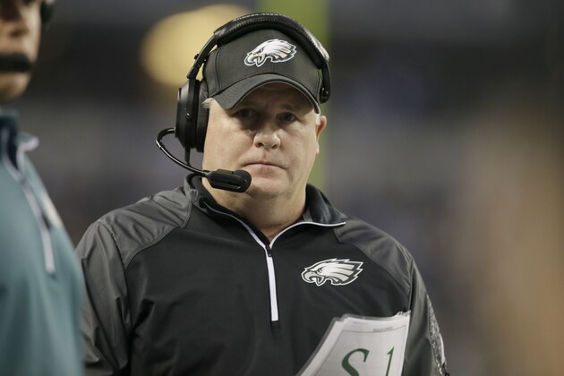 Philadelphia Eagles head coach Chip Kelly looks on from the sidelines during the first half of an NFL football game against the Dallas Cowboys Sunday, Dec. 29, 2013, in Arlington, Texas. (AP Photo/Tony Gutierrez)