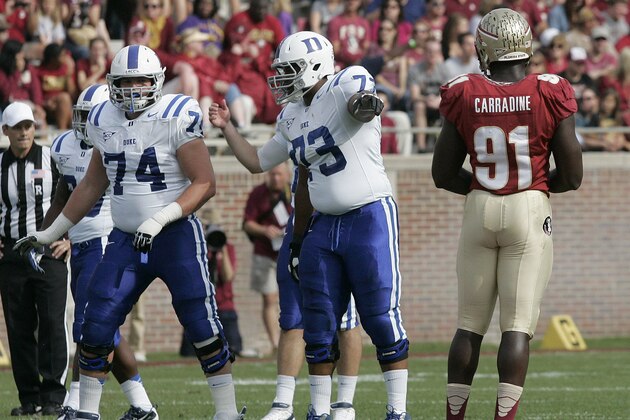 Duke offensive linemen Dave Harding, left, and Takoby Cofield keep an eye on the whereabouts of Florida State's Cornellius Carradine in the first quarter of an NCAA college football game on Saturday, Oct. 27, 2012, in Tallahassee, Fla. Florida State won the game 48-7. (AP Photo/Steve Cannon)