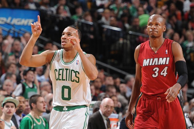 BOSTON, MA - MARCH 19: Avery Bradley #0 of the Boston Celtics celebrates after a play against the Miami Heat on March 19, 2014 at the TD Garden in Boston, Massachusetts.  NOTE TO USER: User expressly acknowledges and agrees that, by downloading and or using this photograph, User is consenting to the terms and conditions of the Getty Images License Agreement. Mandatory Copyright Notice: Copyright 2014 NBAE  (Photo by Brian Babineau/NBAE via Getty Images)