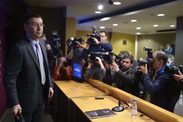 FC Barcelona's president Josep Maria Bartomeu attends a press conference at the Camp Nou stadium in Barcelona, Spain, Thursday, April 3, 2014. Barcelona has been