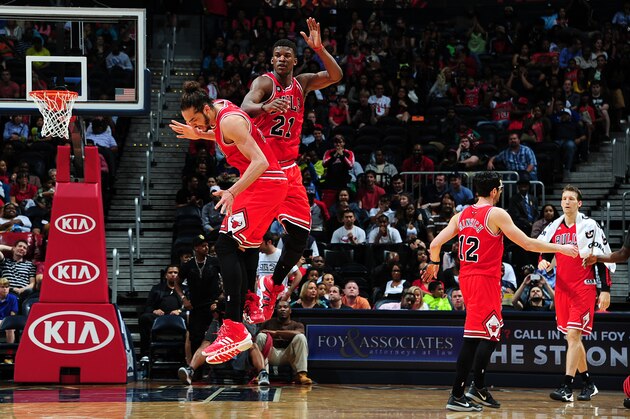 ATLANTA, GA - APRIL 2: Joakim Noah #13 and Jimmy Butler #21 of the Chicago Bulls celebrate during a game against the Atlanta Hawks on April 2, 2014 at Philips Arena in Atlanta, Georgia. NOTE TO USER: User expressly acknowledges and agrees that, by downloading and/or using this Photograph, user is consenting to the terms and conditions of the Getty Images License Agreement. Mandatory Copyright Notice: Copyright 2014 NBAE (Photo by Scott Cunningham/NBAE via Getty Images) ATLANTA, GA - APRIL 2: Joakim Noah #13 and Jimmy Butler #21 of the Chicago Bulls celebrate during a game against the Atlanta Hawks on April 2, 2014 at Philips Arena in Atlanta, Georgia. NOTE TO USER: User expressly acknowledges and agrees that, by downloading and/or using this Photograph, user is consenting to the terms and conditions of the Getty Images License Agreement. Mandatory Copyright Notice: Copyright 2014 NBAE (Photo by Scott Cunningham/NBAE via Getty Images)