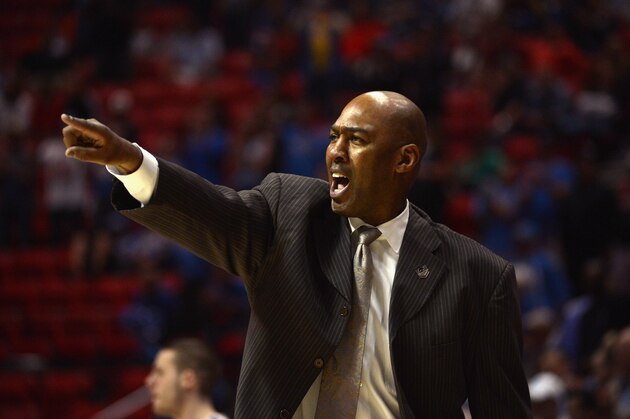 SAN DIEGO, CA - MARCH 21:  Head coach Danny Manning of the Tulsa Golden Hurricane yells to his team against the Stephen F. Austin Lumberjacks they play against the UCLA Bruins during the second round of the 2014 NCAA Men's Basketball Tournament at Viejas Arena on March 21, 2014 in San Diego, California.  (Photo by Donald Miralle/Getty Images)