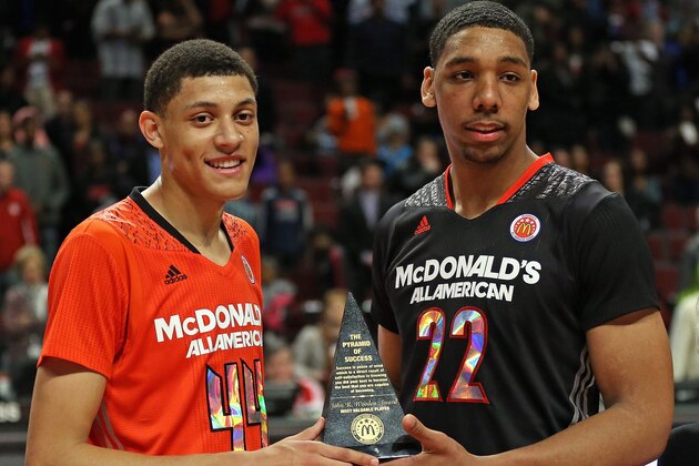 CHICAGO, IL - APRIL 2: Justin Jackson #44 of the East team and Jahlil Okafor #22 of the West team share the MVP torphy after the 2014 McDonald's All American Game at United Center on April 2, 2014 in Chicago, Illinois. The West defeated the East 105-102. (Photo by Jonathan Daniel/Getty Images)