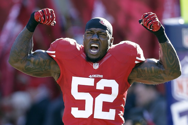 San Francisco 49ers'  Patrick Willis reacts during player introductions before an NFL football game against the Seattle Seahawks, Sunday, Dec. 8, 2013, in San Francisco. (AP Photo/Marcio Jose Sanchez)