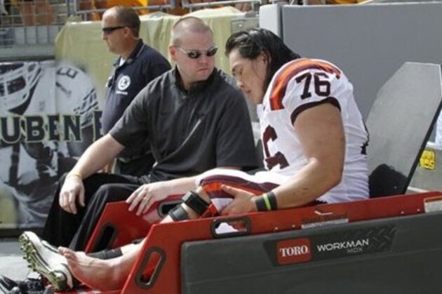 Virginia Tech guard David Wang (76) is carted off the field after being injured in the third quarter of the NCAA college football game against Pittsburgh, Saturday, Sept. 15, 2012 in Pittsburgh. Pittsburgh upset Virginia Tech 35-17. (AP Photo/Keith Srakocic)