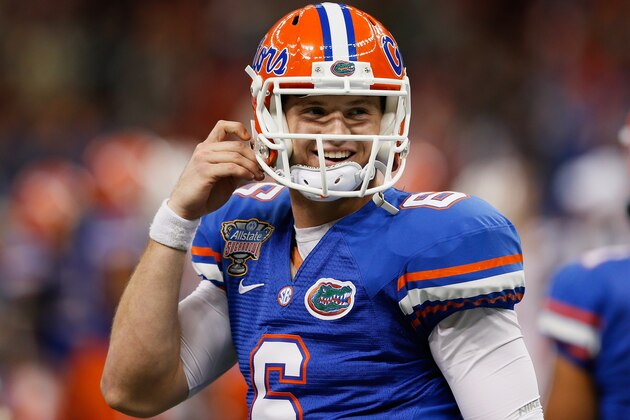 NEW ORLEANS, LA - JANUARY 02:  Jeff Driskel #6 of the Florida Gators reacts during the Allstate Sugar Bowl against the Louisville Cardinals at Mercedes-Benz Superdome on January 2, 2013 in New Orleans, Louisiana.  (Photo by Kevin C. Cox/Getty Images)