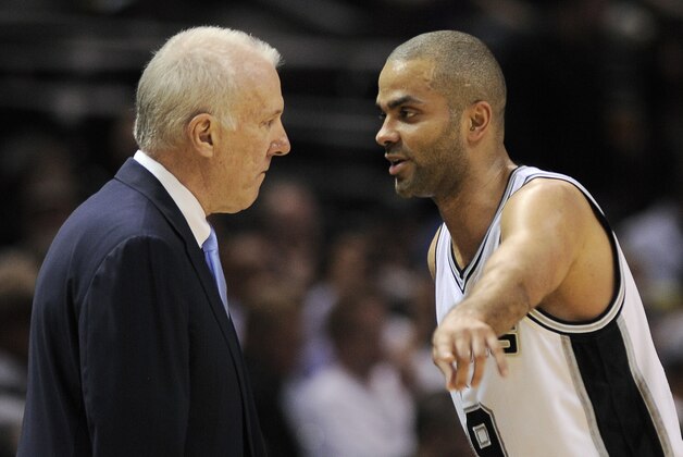 San Antonio Spurs guard Tony Parker, right, of France, talks to Spurs coach Gregg Popovich during the second half of an NBA basketball game against the Golden State Warriors, Wednesday, April 2, 2014, in San Antonio. San Antonio won 111-90. (AP Photo/Darren Abate)