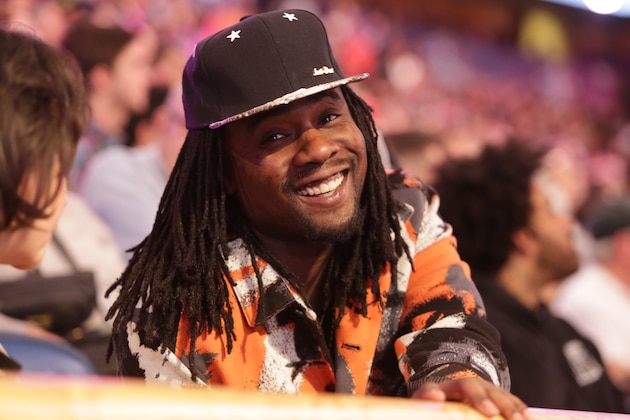 NEW ORLEANS, LA - FEBRUARY 15: Rapper Wale sits courtside during the Foot Locker Three-Point Contest on State Farm All-Star Saturday Night as part of the 2014 All-Star Weekend at Smoothie King Center on February 15, 2014 in New Orleans, Louisiana. NOTE TO USER: User expressly acknowledges and agrees that, by downloading and/or using this photograph, user is consenting to the terms and conditions of the Getty Images License Agreement.  Mandatory Copyright Notice: Copyright 2014 NBAE (Photo by Ron Hoskins/NBAE via Getty Images)
