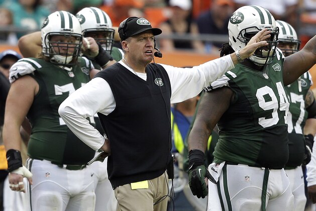 New York Jets head coach Rex Ryan gestures on the sideline during during the third quarter of an NFL football game  against the Miami Dolphins Sunday, Dec. 29, 2013, in Miami Gardens, Fla. The Jets won the game 20-7, eliminating the Dolphins from the playoffs. (AP Photo/Lynne Sladky)
