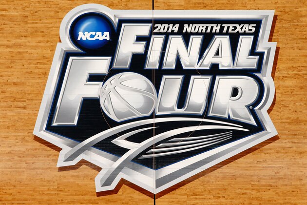ARLINGTON, TX - APRIL 04:  A general view of the Final Four logo at center court before the team's practice ahead of the 2014 NCAA Men's Final Four at AT&T Stadium on April 4, 2014 in Arlington, Texas.  (Photo by Tom Pennington/Getty Images)
