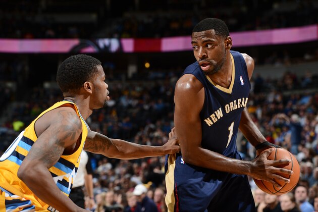 DENVER, CO - APRIL 2: Tyreke Evans #1 of the New Orleans Pelicans looks on against the Denver Nuggets on April 2, 2014 at the Pepsi Center in Denver, Colorado. NOTE TO USER: User expressly acknowledges and agrees that, by downloading and/or using this Photograph, user is consenting to the terms and conditions of the Getty Images License Agreement. Mandatory Copyright Notice: Copyright 2014 NBAE (Photo by Garrett W. Ellwood/NBAE via Getty Images)