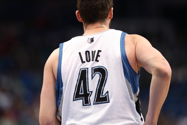 MINNEAPOLIS, MN - MARCH 28: A back shot of Kevin Love #42 of the Minnesota Timberwolves on the court during the game against the Los Angeles Lakers on March 28, 2014 at Target Center in Minneapolis, Minnesota. NOTE TO USER: User expressly acknowledges and agrees that, by downloading and or using this Photograph, user is consenting to the terms and conditions of the Getty Images License Agreement. Mandatory Copyright Notice: Copyright 2014 NBAE (Photo by Jordan Johnson/NBAE via Getty Images)
