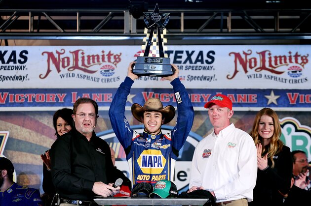FORT WORTH, TX - APRIL 04:  Chase Elliott, driver of the #9 NAPA Auto Parts Chevrolet, celebrates in Victory Lane after winning the NASCAR Nationwide Series O'Reilly Auto Parts 300 at Texas Motor Speedway on April 4, 2014 in Fort Worth, Texas.  (Photo by Chris Graythen/Getty Images for Texas Motor Speedway)