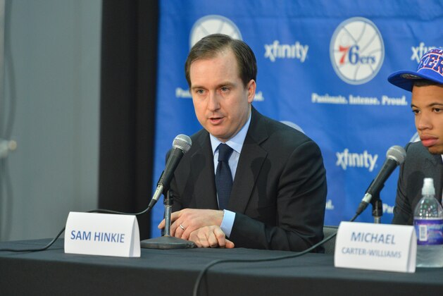 PHILADELPHIA, PA - JUNE 28: Sam Hinkie, President & General Manager of the Philadelphia 76ers speaks at a press conference for the draftees of the Philadelphia 76ers at the Philadelphia College of Osteopathic Medicine on June 28, 2013 in Philadelphia, Pennsylvania. NOTE TO USER: User expressly acknowledges and agrees that, by downloading and or using this photograph, User is consenting to the terms and conditions of the Getty Images License Agreement. Mandatory Copyright Notice: Copyright 2013 NBAE (Photo by Jesse D. Garrabrant/NBAE via Getty Images) PHILADELPHIA, PA - JUNE 28: Sam Hinkie, President & General Manager of the Philadelphia 76ers speaks at a press conference for the draftees of the Philadelphia 76ers at the Philadelphia College of Osteopathic Medicine on June 28, 2013 in Philadelphia, Pennsylvania. NOTE TO USER: User expressly acknowledges and agrees that, by downloading and or using this photograph, User is consenting to the terms and conditions of the Getty Images License Agreement. Mandatory Copyright Notice: Copyright 2013 NBAE (Photo by Jesse D. Garrabrant/NBAE via Getty Images)