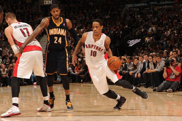 TORONTO, CANADA - April 4: DeMar DeRozan #10 of the Toronto Raptors drives against the Indiana Pacers on April 4, 2014 at the Air Canada Centre in Toronto, Ontario, Canada.  NOTE TO USER: User expressly acknowledges and agrees that, by downloading and or using this Photograph, user is consenting to the terms and conditions of the Getty Images License Agreement.  Mandatory Copyright Notice: Copyright 2014 NBAE (Photo by Ron Turenne/NBAE via Getty Images)