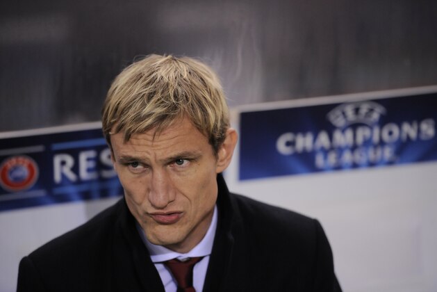 Leverkusen head coach Sami Hyypia, gestures during their Champions League Group A soccer match against Real Sociedad, at Anoeta stadium in San Sebastian, northern Spain on Tuesday, Dec. 10, 2013.  (AP Photo/Alvaro Barrientos)