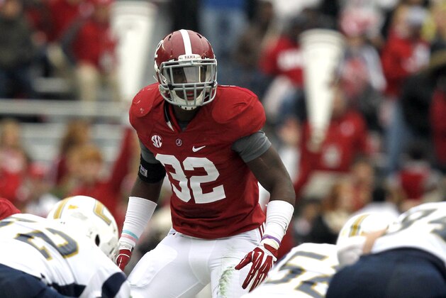 Alabama linebacker C.J. Mosley (32) lines up for the play during the first half of an NCAA college football game against Chattanooga on Saturday, Nov. 23, 2012, in Tuscaloosa, Ala. (AP Photo/Butch Dill)