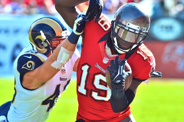 FILE - In this Sept. 29, 2013 file photo, Tampa Bay Buccaneers wide receiver Mike Williams (19) celebrates after catching a first quarter touchdown pass from quarterback Mike Glennon during the first quarter of an NFL football game against the Arizona Cardinals, in Tampa, Fla. The Buffalo Bills have acquired receiver Mike Williams in a deal with the Buccaneers. It's a homecoming for Williams, who grew up in Buffalo and played at Syracuse under current Bills coach Doug Marrone. (AP Photo/Brian Blanco, File)