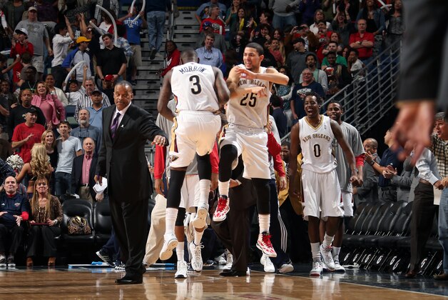 NEW ORLEANS, LA - MARCH 9: Anthony Morrow #3 and Austin Rivers #25 of the New Orleans Pelicans celebrate during the game against the Denver Nuggets on March 9, 2014 at the Smoothie King Center in New Orleans, Louisiana. NOTE TO USER: User expressly acknowledges and agrees that, by downloading and or using this Photograph, user is consenting to the terms and conditions of the Getty Images License Agreement. Mandatory Copyright Notice: Copyright 2014 NBAE (Photo by Layne Murdoch/NBAE via Getty Images)